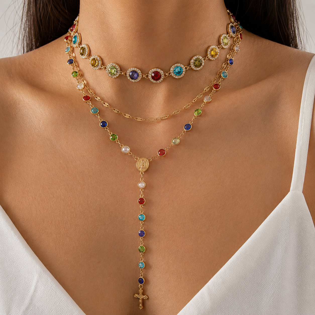 Colorful Crystal Cross Y Necklace Set