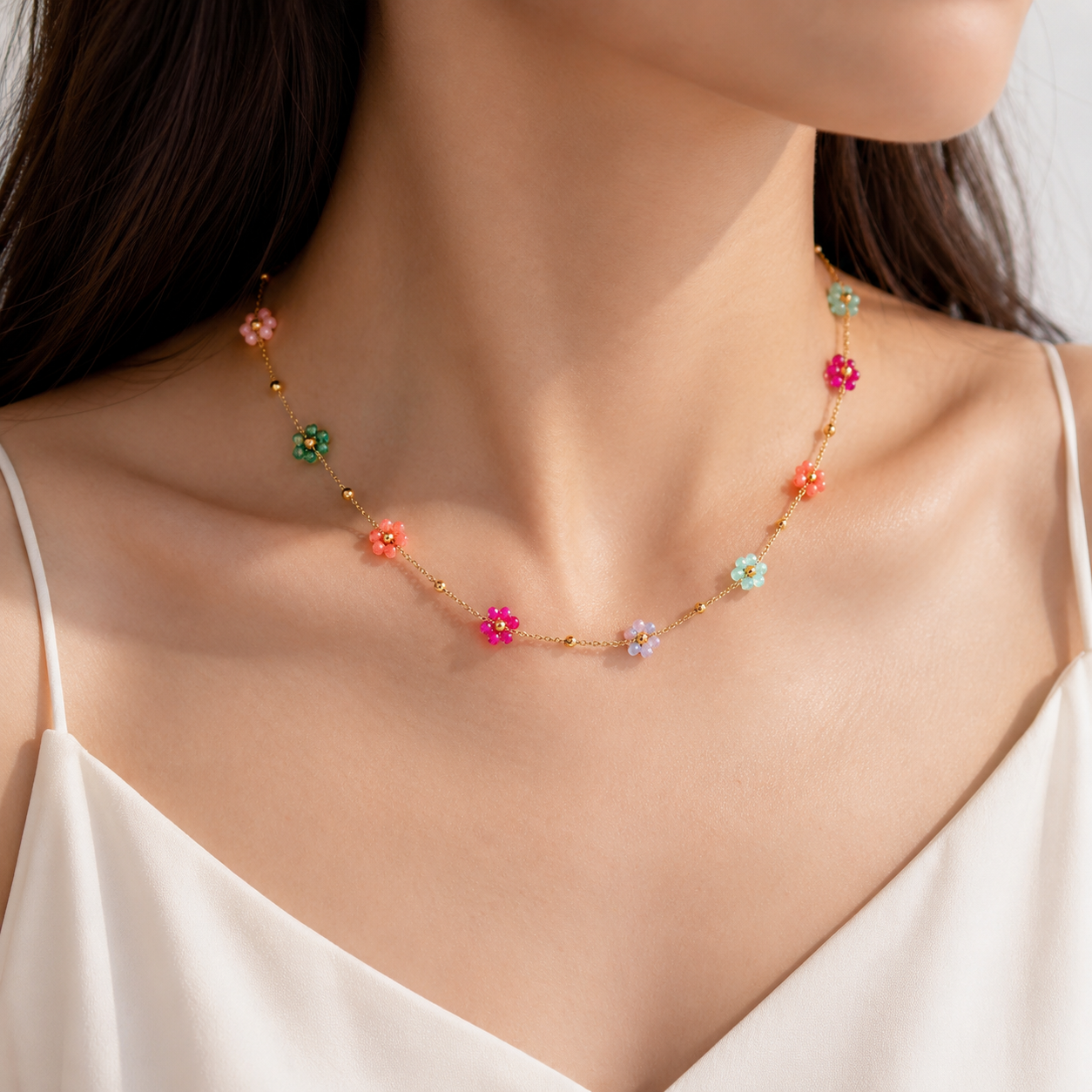 Colorful Flower Beaded Choker Necklace